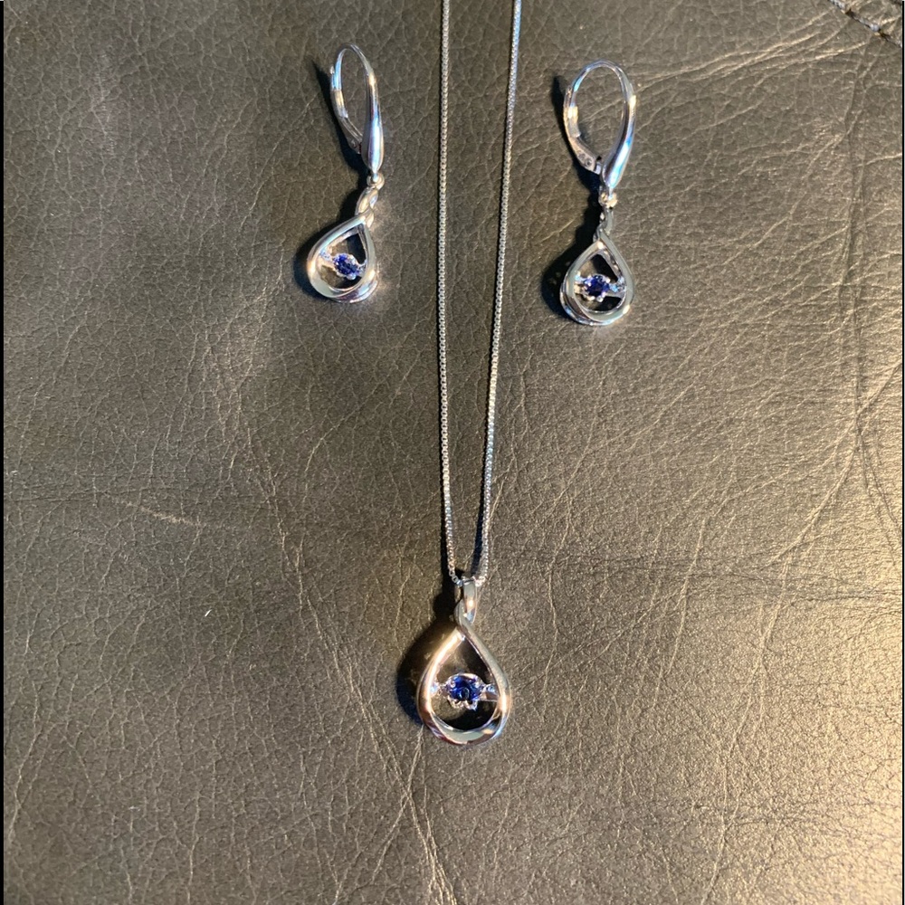 Sterling silver created blue sapphire pendant and matching earrings